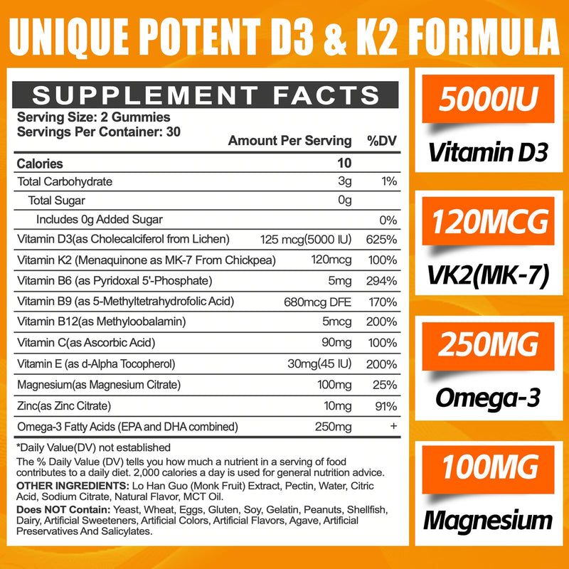 Maennyliy Vitamin D3 K2 Gummies for Adults: D3 5000IU + K2 (MK-7) 120mcg | D3 and K2 Supplements with Omega-3, Methyl B12, B9, B6, Vitamins E & Zinc - for Calcium Absorption & Overall Health Orange 60 Count (Pack of 1)
