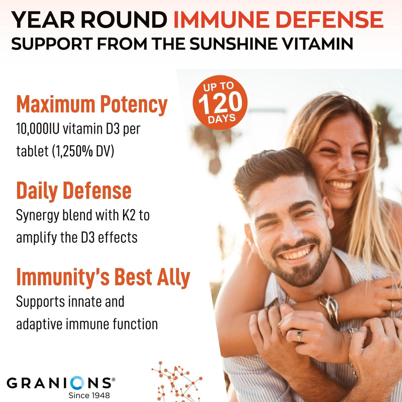 Granions Max Strength Vitamin D3 K2 Supplement - 250mcg (10,000 IU) D3 + 200mcg Vitamin K2 (MK-7) - Vitamins for Bone Health, Immune Support Supplements VIT K2D3-2 Month, 60 Tablets 60 Count (Pack of 1)