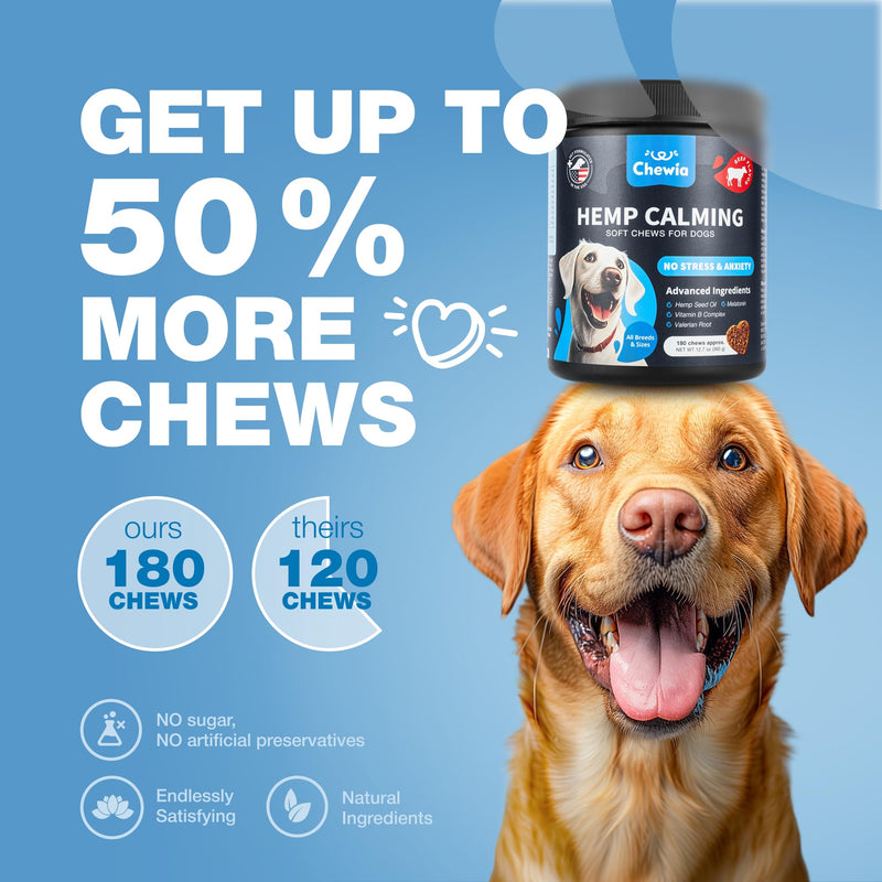 Hemp Calming Chews for Dogs - Dog Calming Treats - Anxiety Relief for Dogs with L-Theanine, Chamomile Extract, Valerian Root - Dog Anxiety Relief for Travel, Vet Visits, Thunderstorms, Nail Trimming - PawsPlanet Australia