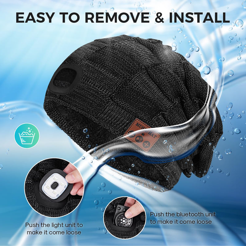 Bluetooth Beanie with Light for Men, Beanie with Light Unisex USB Rechargeable Hands-Free 4 LED, Headlamp Cap with Wireless Headphones Built-in Speaker Mic Gifts for Men Dad Teen (Black) One Size Black