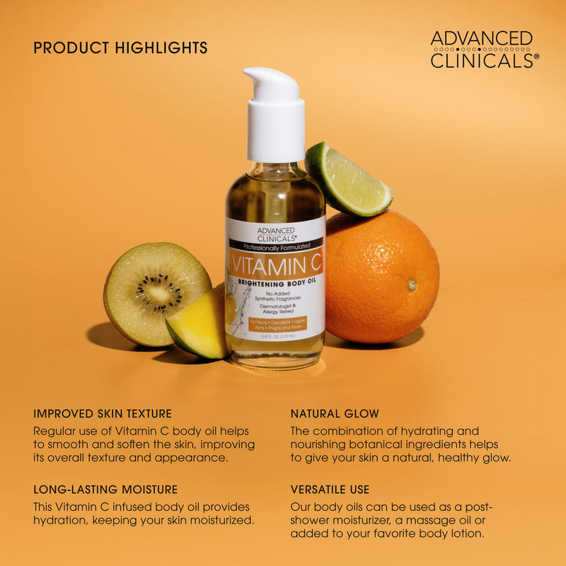 Advanced Clinicals Brightening Vitamin C Body Oil For Women & Men | Vitamin C Glow Oil Skin Care Body Moisturizer With Vitamin E + Botanicals To Help Improve Look Of Dark Spots + Dry Skin, 3.8 Fl Oz Vitamin C Brightening Body Oil 3.8 Fl Oz (Pack of 1)
