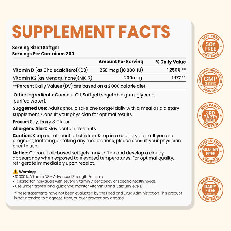 VEV Corefeel Vitamin D3 K2 10,000 IU, 200 mcg MK-7, 300 Coconut Oil Softgels 300 Count (Pack of 1)