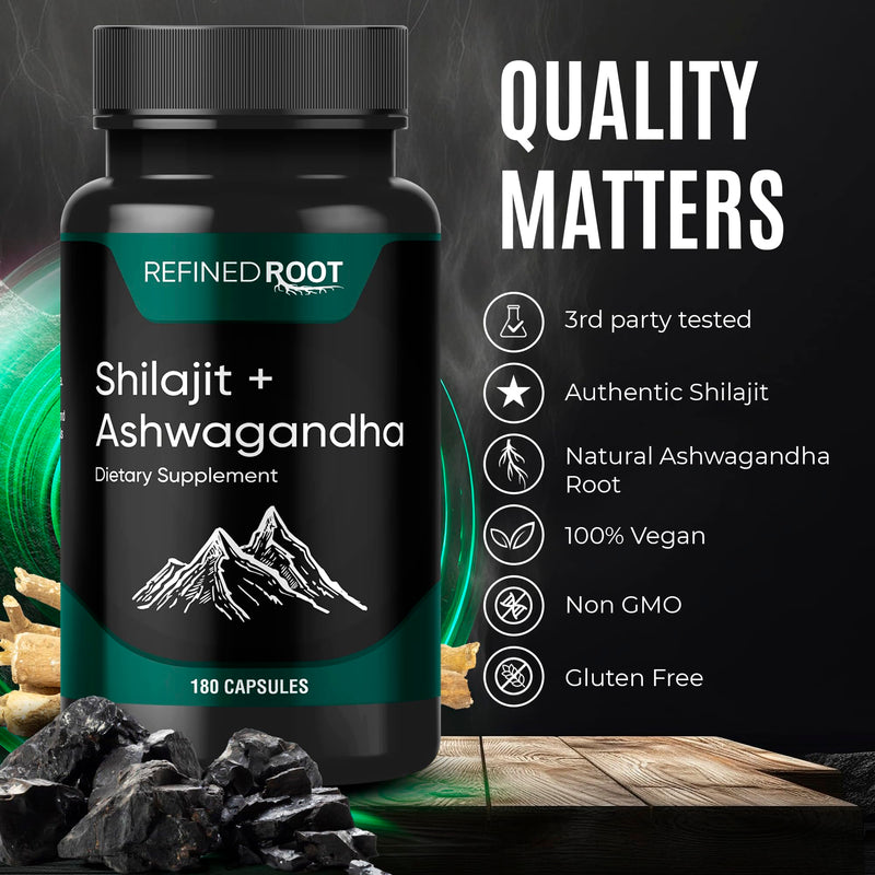 Shilajit for Men 1000mg & Ashwagandha Supplements 500mg (180 Capsules) - (20% Fulvic Acid Supplement) - Shilajit for Women