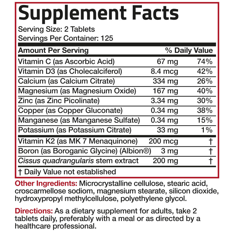 Bronson Bone Health & Strength Complex* High Potency Formula 200 MCG of Vitamin K2 as MK7, Plus Calcium, Boron, Cissus Quadrangularis, Magnesium, Vitamin D3, and More - Non-GMO, 250 Tablets 250 Count (Pack of 1)