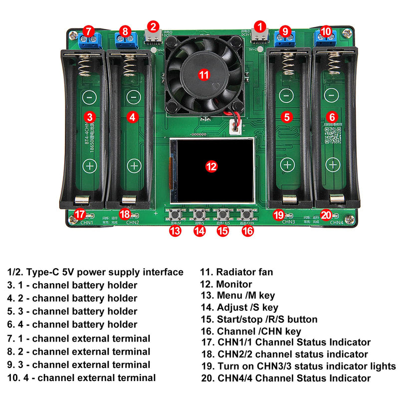 2Pcs 4-Channel 18650 Battery Capacity Tester, Automatic Charge Discharge Module with Internal Resistance Test for Flat Top Batteries, Type-C Powered Lithium Battery Analyzer