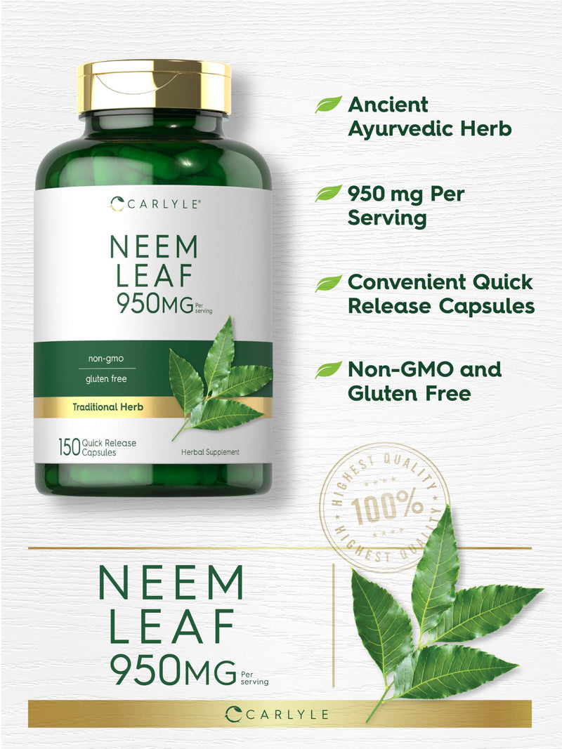 Carlyle Neem Leaf | 950mg | 150 Powder Capsules | Non-GMO and Gluten Free Formula | Value Size | Traditional Herbal Supplement | Azadirachta Indica 150 Count (Pack of 1) - BeesActive Australia