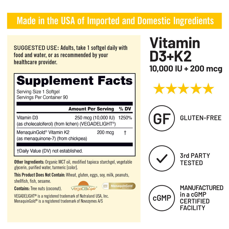 NatureWise Vitamin D3 10000IU + K2 200mcg Supplement, 90 Vegan Softgels | Plant-Based D3 - High Absorption D3 K2 Supplement - Organic Coconut MCT Oil - Daily Bone Support - 90-Day Supply 90 Count (Pack of 1)