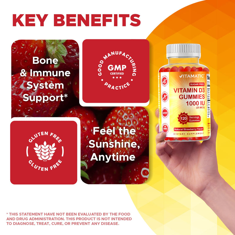 Vitamatic Sugar Free Vitamin D3-120 Pectin Based Gummies - Great Taste - Healthy Bones, Mood & Immune System Function - Non-GMO - 120 Servings (1000 IU) | Natural Strawberry Flavor, Sugar Free, Non GMO, Gluten Free 1000 IU
