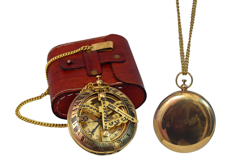 Handcrafted Vintage Brass Sundial Compass – Antique Nautical Sun Clock with Leather Case – Engraved Collectible Brass Compass Gift for Men - Nautical Gifts for Men, Best Anniversary Vintage Gifts