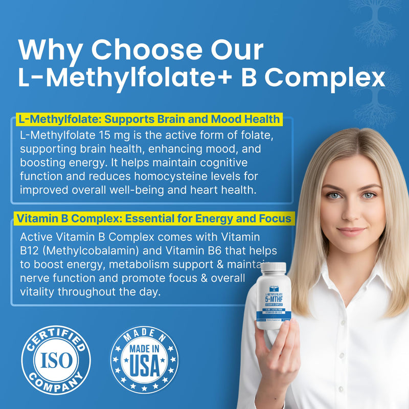 L-Methylfolate 15mg + Vitamin B Complex - 5-MTHF, B6 & B12 Methylcobalamin - 60 Capsules - Professional Strength Active Methyl Folate - Non GMO, Gluten Free, No Fillers (2-Month Supply)
