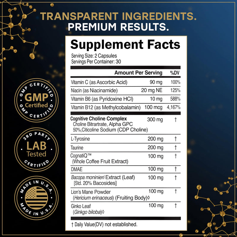 12-in-1 Nootropic Brain Supplement for Memory and Focus, Alpha GPC, Citicoline, CognatiQ™, Cognitive Support - Brain Fog Vitamins w/Lion’s Mane Lion’s Mane, 60 Count