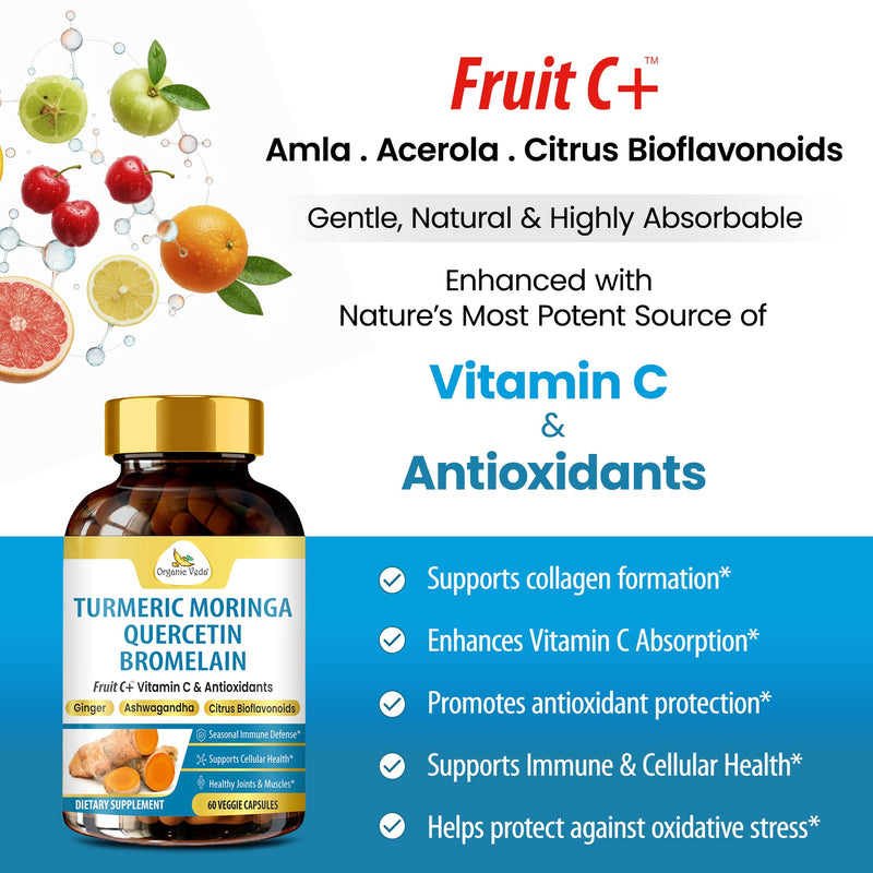 Organic Veda Quercetin with Bromelain Supplement Turmeric Moringa Powerful Antioxidants for Immune Support, Natural Respiratory Health - Super Fruits Vitamin C with Citrus Bioflavonoids - 60 Capsules