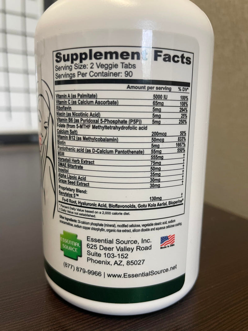 Essential Source Bonita V EZ-TABS Hair, Skin & Nails Vitamins, 180 Count | 5000 Mcg Biotin, 20 Active Ingredients, Revytalyz 5 Collagen Support Blend, Easy-Swallow Vegan Tablets, For Women & Men 180 Count (Pack of 1)