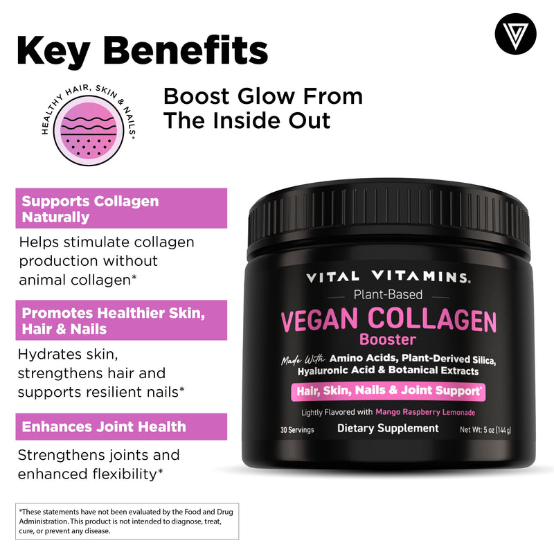 Vital Vitamins Vegan Collagen Booster Powder with Amino Acids & Vitamin C | Mango Raspberry Lemonade Flavor, Plant-Powered Collagen Support with Biotin & Hyaluronic Acid, 30 Servings 1
