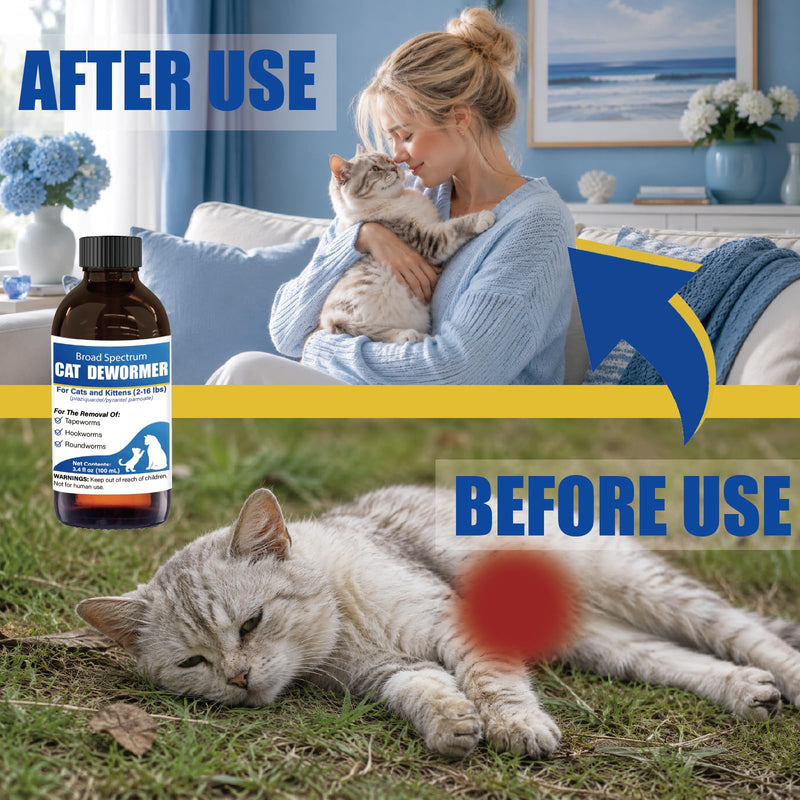 Broad Spectrum Cat Dewormer Liquid for Cats & Kittens (2–16 lbs) – Praziquantel & Pyrantel Pamoate Oral Suspension for Tapeworms, Roundworms & Hookworms, 100 mL with Oral Syringe