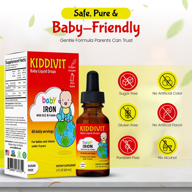 Baby Iron Liquid Drops with Vitamin B12 & Folate – Gentle Iron Support Supplement – 60 Daily Servings, Inulin Fortified Prebiotic Fiber – Sugar Free, Gluten Free, Vegetarian, 2oz