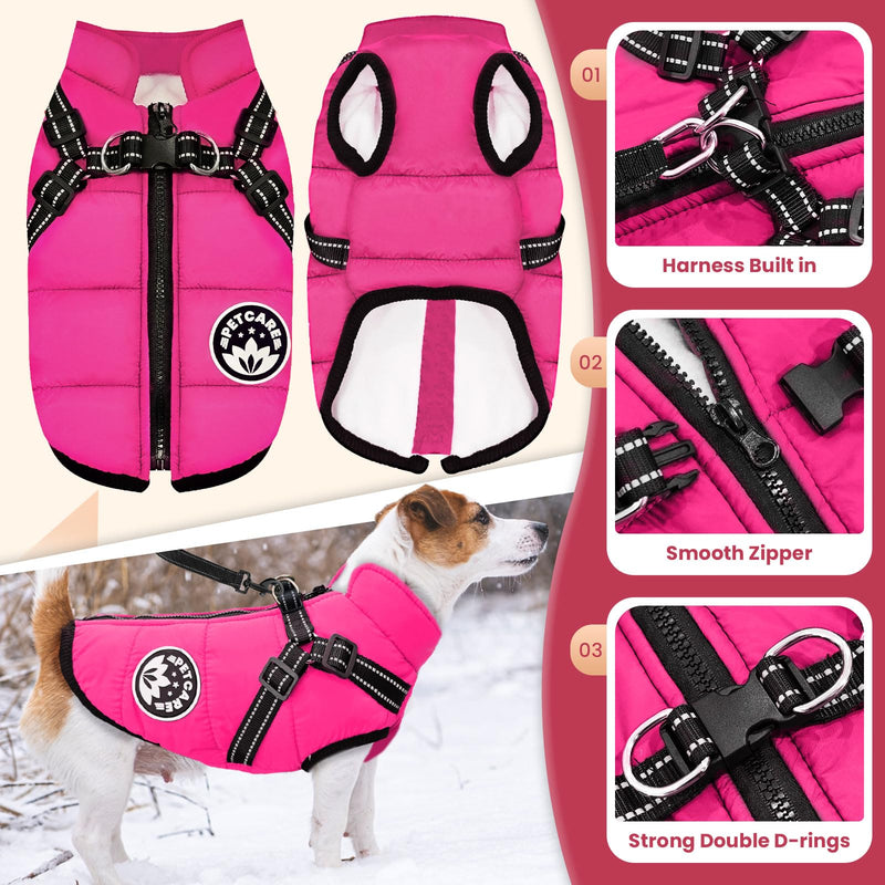 PETCARE Winter Dog Coat with Harness Built in Waterproof Dog Jackets Warm Dog Fleece Vest Windproof Dog Snow Jacket Snowsuit Reflective Dog Cold Weather Coats for Puppy Small Medium Large Dogs Cats M(Chest 14.6" Suggest 4-7 lbs) Pink - BeesActive Australia
