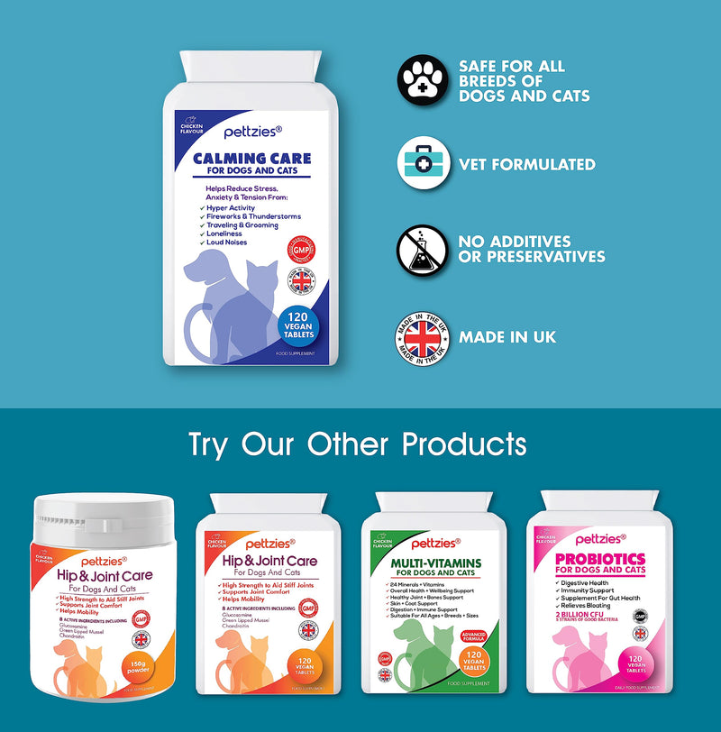 Dog Calming Care Supplement for Dogs and Cats - 120 Tablets for Stressed Nervous Pets. Anxiety Relief from Stress, Barking, Anxious, Fireworks and Loud Noises. Dog Calmer and Calm Aid Product Calming Aid for Dogs & Cats 120 Tablets
