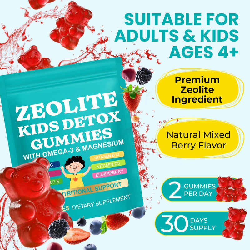 Zeolite Kids Detox Gummies,Zeolite Detox for Kids & Adults,9-in-1 All in One Daily Kids Supplement with Zeolite,Elderberry,Omega-3,Magnesium,Vitamin,Milk Thistle,Zinc,B12,Sugar Free 60 Gummies