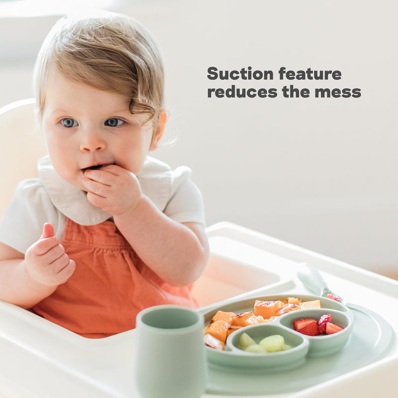 ezpz Mini Mat (Sage) - 6 -12 Months+ - 100% Silicone Suction Placemat + Divided Plate with Three Compartments - Supports Baby-Led Weaning - Designed for Highchair, Table, and Travel Sage 12 Months +