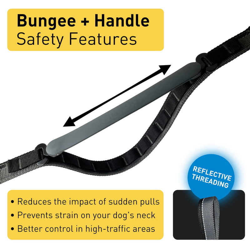 Hands Free Dog Leash - Waist or Shoulder Leash for Walking and Hiking with Medium and Large Dogs, Adjustable 4 to 6 FT Outdoor Bungee Lead with Traffic Handle by Nuvuq (18-120 lbs, Black) Black Pepper