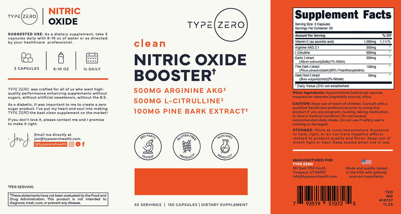 Type Zero Nitric Oxide 6X Booster, 150 Veggie Capsules - Natural Supplement - Beetroot, Arginine AKG, Citrulline, Pine Bark, Garlic & VIT C | Nitrous Oxide (Pack of 2) 150 Count (Pack of 2)
