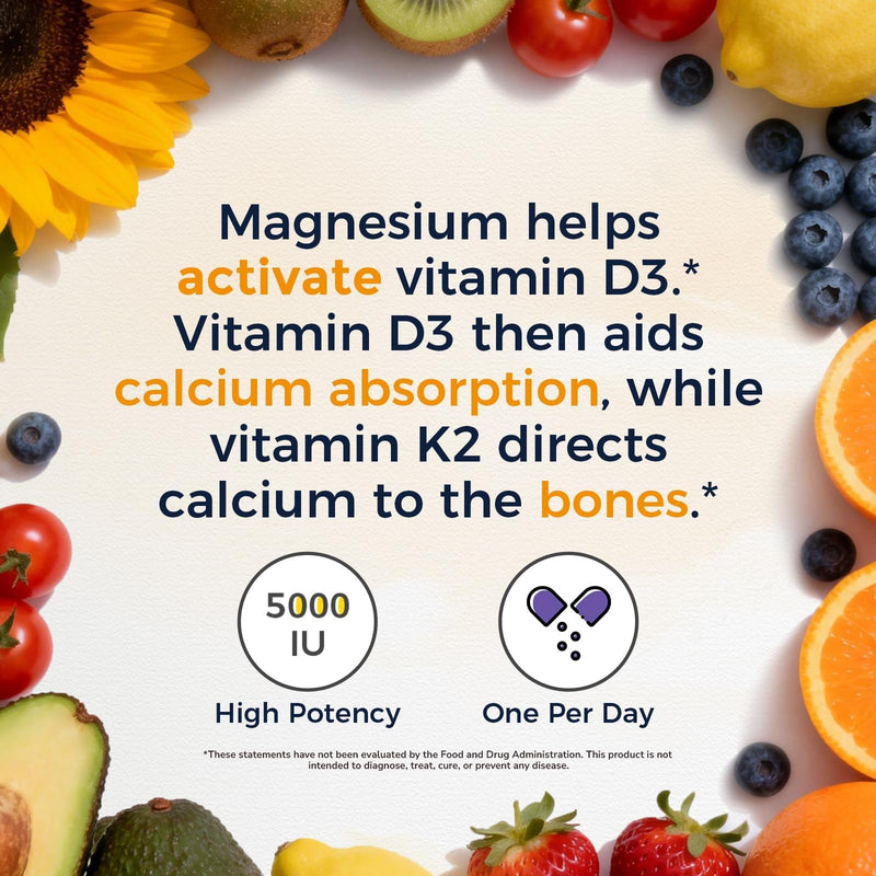 Vitalitown Vitamin D3 K2 with Magnesium, 5000 IU D3, 100 mcg K2 as MK-7, Magnesium Glycinate, Non-GMO, No Gluten, 3-in-1 Formula for Bone, Heart & Immune Health, 60 Capsules