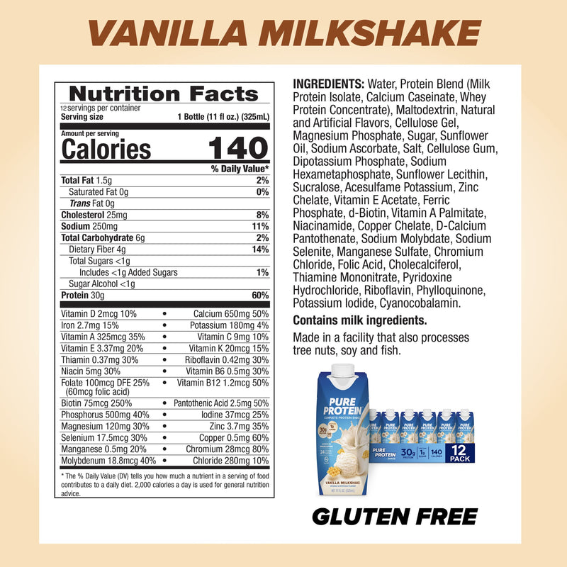 Pure Protein Chocolate and Vanilla Protein Shakes, 30g Protein, 11oz Bottles, 12 Pack Bundle