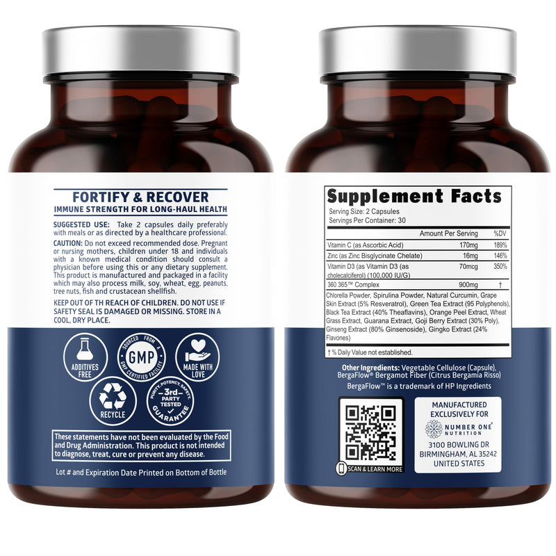 N1N LHC+ 15-in-1 Immune Support Supplement with Spirulina, Turmeric, Ginseng, Guarana, Vitamin D and Vitamin C for Immunity, Energy and Long-Haul Relief, 60 Veg Caps, Bottle Color May Vary
