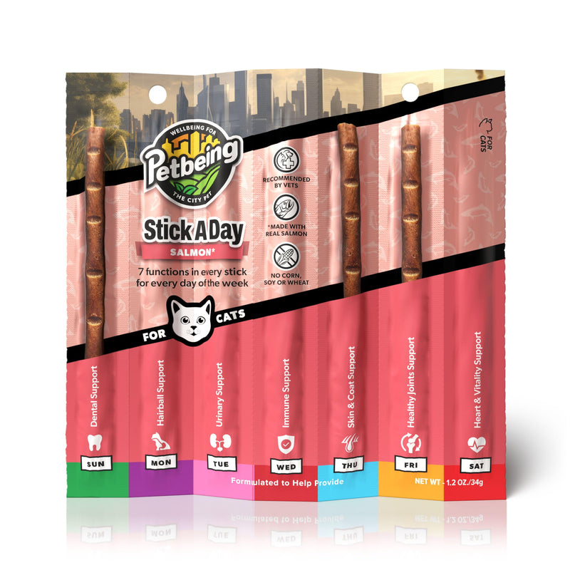 Stick a Day Cats | Specially Formulated 7-in-1 Functions Daily Real Meat Supplement for Cats | Cat Chew Stick & Pet Vitamins Supplements Combination (7-Pack x 4, Mix) Mix of (Chicken & Salmon)