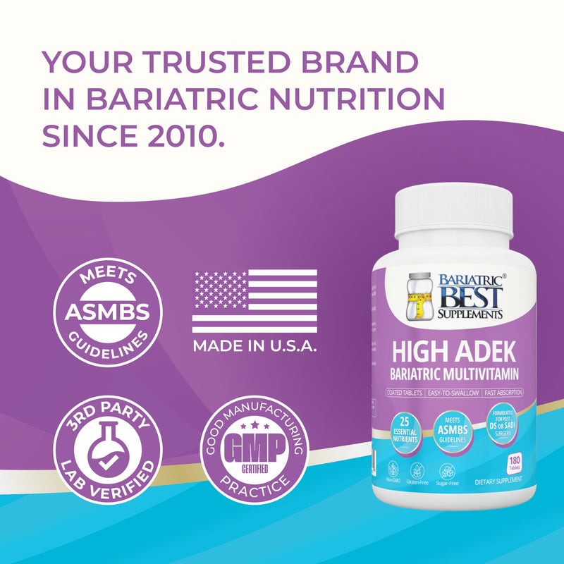 High ADEK Bariatric Multivitamin | DS, SADI & BPD/DS Surgery | Fat-Soluble Vitamins A D E K | 25 Essential Nutrients | ASMBS Compliant | Made in USA | 180 Tablets — 3 Month Supply