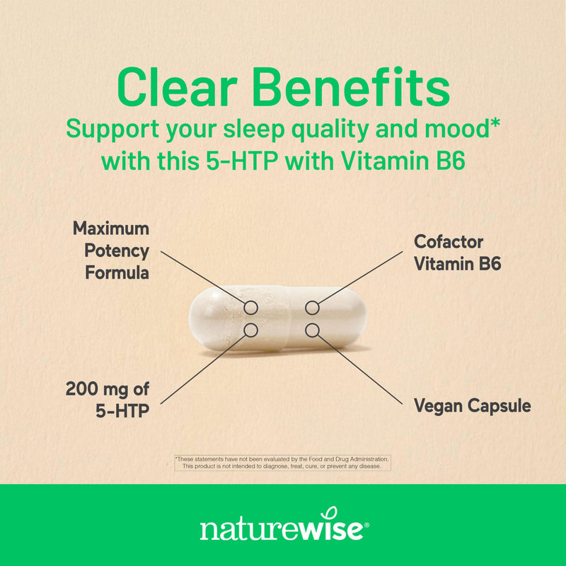 NatureWise 5-HTP 200mg Supplement from Griffonia Seeds with Cofactor Vitamin B6 - Mood Support and Natural Sleep Aid for Adults - Delayed-Release, Vegan - 30 Count[1-Month Supply] 30 Count (Pack of 1)