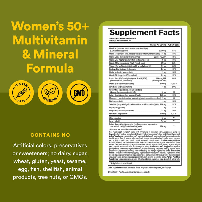 Natural Factors Whole Earth & Sea Women's 50+ Multivitamin & Mineral - Daily Multivitamin with Calcium, Selenium & More - Supports Bone & Brain Health - 60 Tablets (30 Servings) 60 Count (Pack of 1)