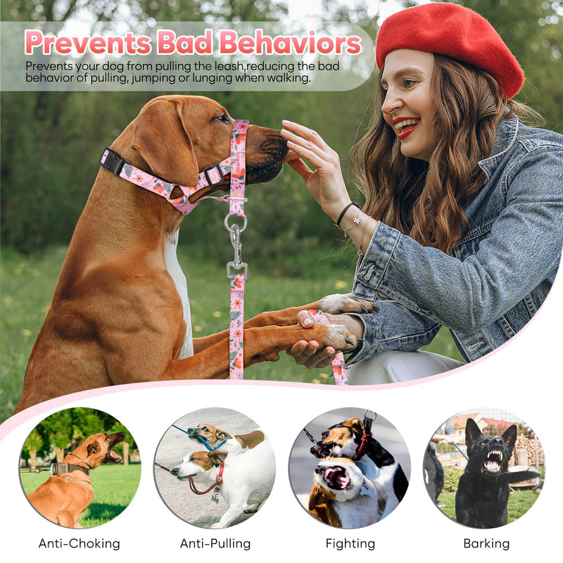 Dog Head Collar, Printed No-Pull Headcollar, Adjustable Dog Head Halter Gentle Lead with Safety Link, 3 Colors Muzzle Leash for Small Medium Large X-Large Dogs Easy Walks(Large, Mimosa) - BeesActive Australia