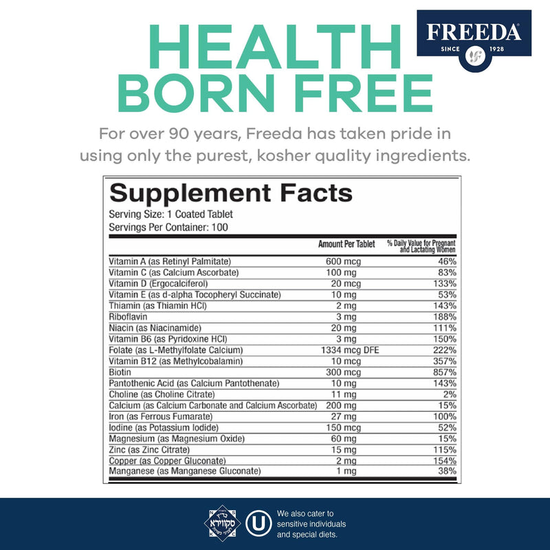 FREEDA Prenatal Vitamins for Pregnant Women – 100 Tablets | Supports Mother & Baby Nutrition – Includes Methylfolate, Calcium, & Essential Nutrients – Vegan, Kosher, Easy-to-Swallow 100 Count (Pack of 1)