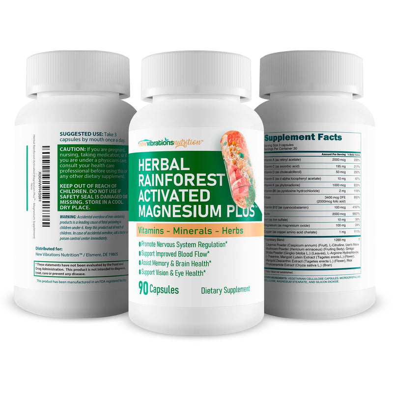 Herbal Rainforest Activated Magnesium Plus - Our Best Magnesium Combo Supplement - with Vitamin D, A, E, K, B6, Folate, B12, Biotin, Iron, Copper, Cayenne, Lions Mane Mushroom, Gingko Biloba & More