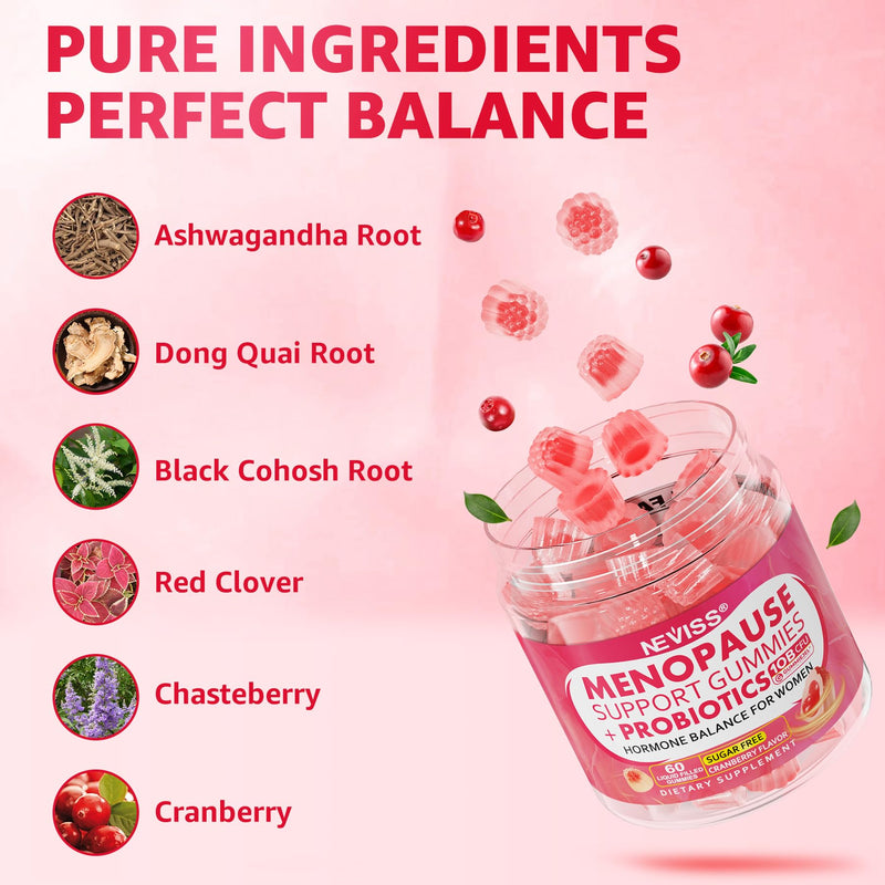 Menopause Gummies Supplement for Women w/ Black Cohosh for Hot Flashes | Menopause Support Vitamins Gummies w/ Probiotics, Ashwagandha, Red Clover, Over 50 Hormone Support, Sugar Free, Vegan, 60ct 60 Count (Pack of 1)