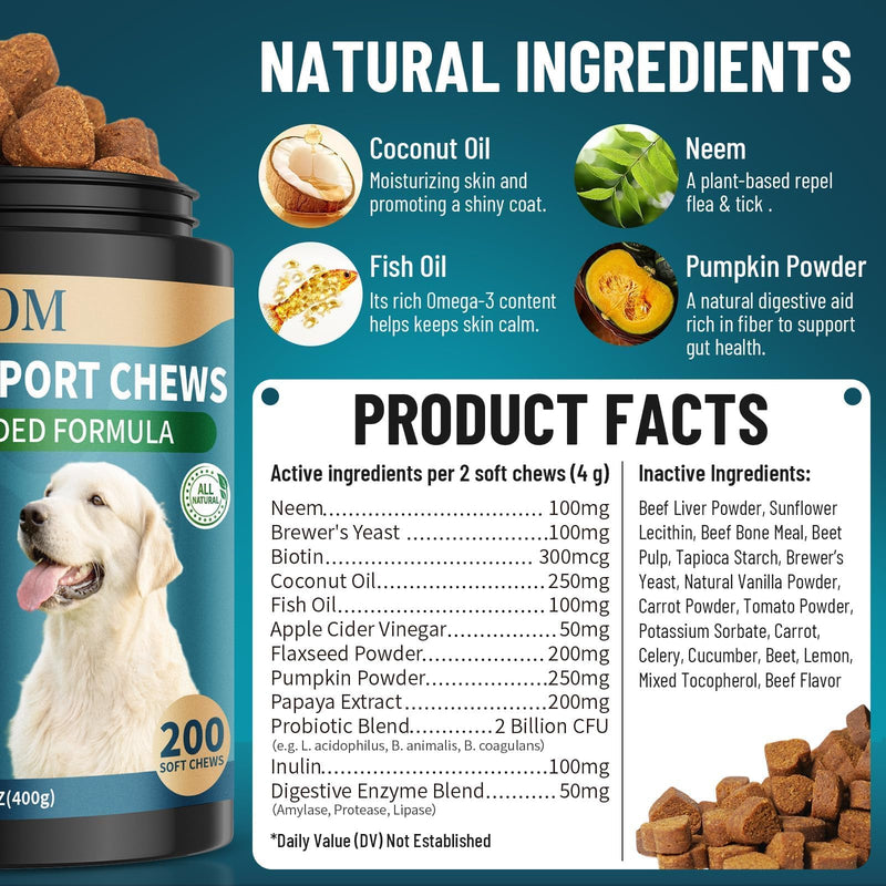 Natural Flea and Tick Prevention Chewables for Dogs & Natural Flea and Tick Prevention Drops for Dogs - 200 Chews & 60ml, Skin & Coat Support, and Flea Protection
