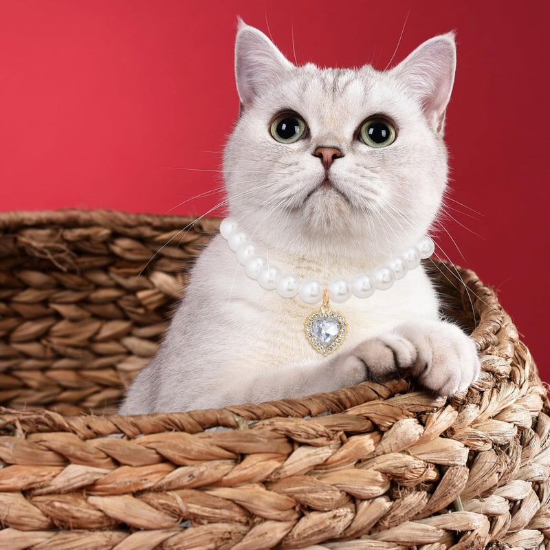 Pearl Collar for Cat Puppy, Small Cute Heart Shape Rhinestone Pet Necklace, Adjustable Wedding Party Pet Jewelry Accessories for Puppy Kitten- White - BeesActive Australia