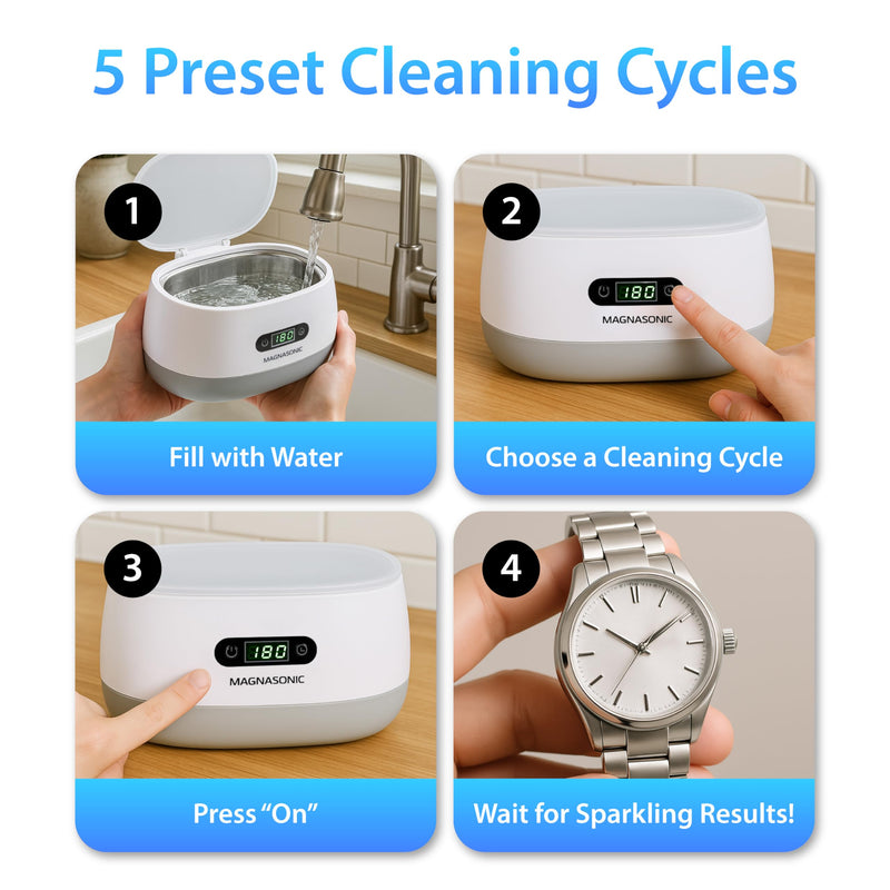 Magnasonic Ultrasonic Cleaner - 20oz Tank Ultrasonic Jewelry Cleaner & Ultrasonic Retainer Cleaner, Digital Timer, 5 Cleaning Modes for Glasses, Rings, Dentures, Tools, Aligners (UC22) Ultrasonic Machine White
