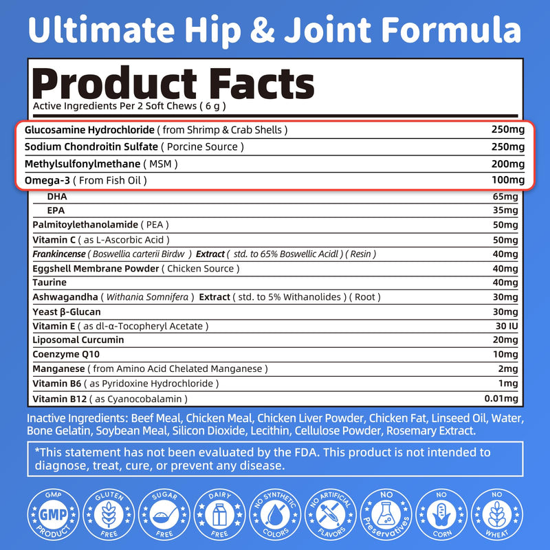 Senior Advanced Joint Supplement for Dogs – 17-in-1 Glucosamine for Dogs with Chondroitin – Hip & Joint Pain Relief Pills – Mobility Support Chews – Large & Small Breeds - Beef Flavor – 90Ct 90 Count (Pack of 1)