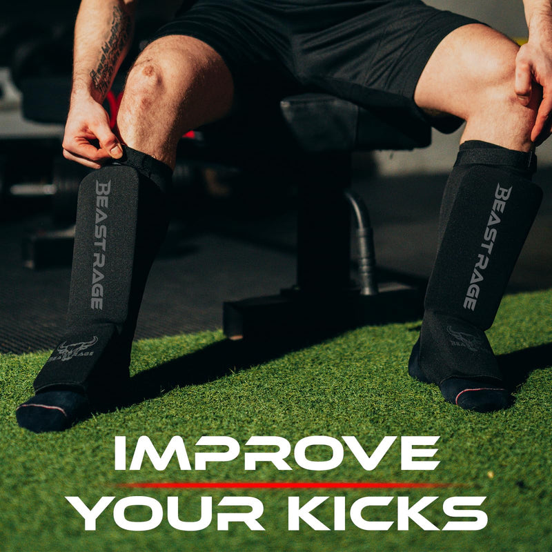 BEAST RAGE Shin Guards for Muay Thai, Kickboxing, MMA Leg Guards Martial Arts Taekwondo, Boxing, Elasticated Sock Padded Leg Instep Pads, Shin Pads,Sparring Training, Karate BJJ BLACK Medium