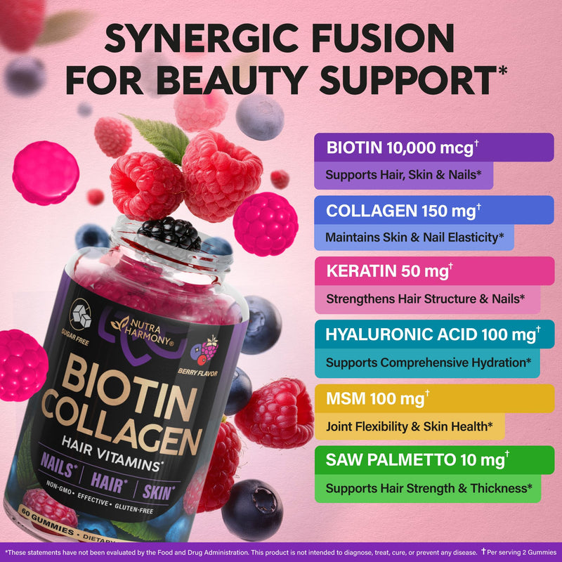 Biotin Gummies for Hair Growth Support - for Women & Men - Berry, Pack of 2 | Biotin 10000mcg, Collagen, Keratin, Hyaluronic Acid, B-Complex, Saw Palmetto - Hair, Skin & Nail Strengt Support - Sugar-Free Mixed berry 60 Count (Pack of 2)
