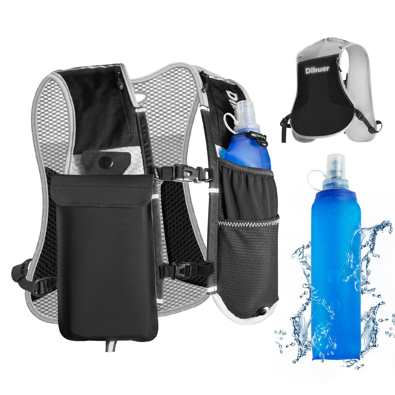 Running Vest for Women Men, Lightweight Hydration Runner Vest with Transparent Waterproof Phone Pocket, 17oz Soft Flask, Adjustable Chest Straps Reflective Backpack for Hiking Cycling Jogging Grey