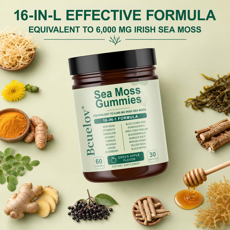 Sea Moss Gummies, 16-in-1 Blend with Ashwagandha, Black Seed Oil, Bladder Wrack, Turmeric, Vitamin C & D3, Manuka Honey, Burdock Root, Dandelion, Yellow Dock, Elderberry - Green Apple Flavor