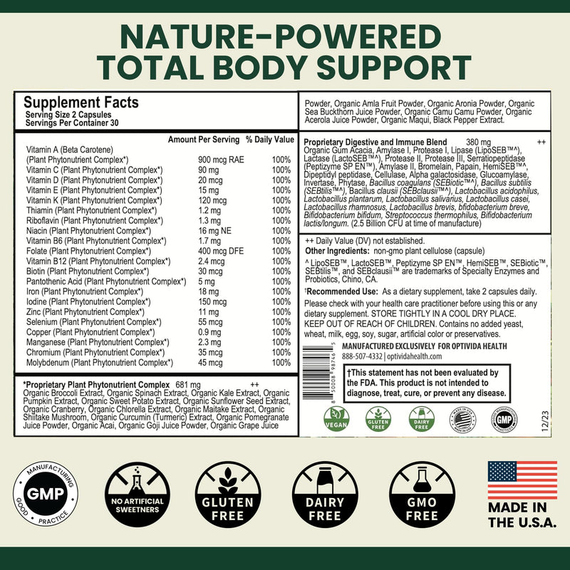 Organic Whole Food Multivitamin for Men & Women w/ Probiotics & Antioxidant | Daily Plant-Based Multivitamins Blends for Whole Body Nutrition - Supports Immune System, Muscles & Energy - 30 Day Supply