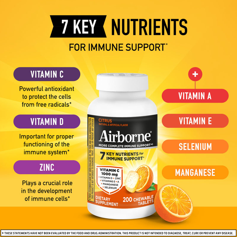 Airborne 1000mg Vitamin C Immune Support Citrus Chewable Tablets, 200ct | Antioxidants Vitamins A, D & E + Zinc, Selenium, and Manganese, Herbal Blend, Multivitamin Supplements, Immune Health, Tasty 200 Count (Pack of 1)