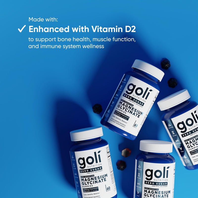 Goli Zero Sugar Magnesium Gummies - 125mg Magnesium (from Magnesium Glycinate) with Vitamin D - No Artificial Sweeteners, No Sugar Alcohols - Vegan, Keto-Friendly, Gluten-Free 60 Count