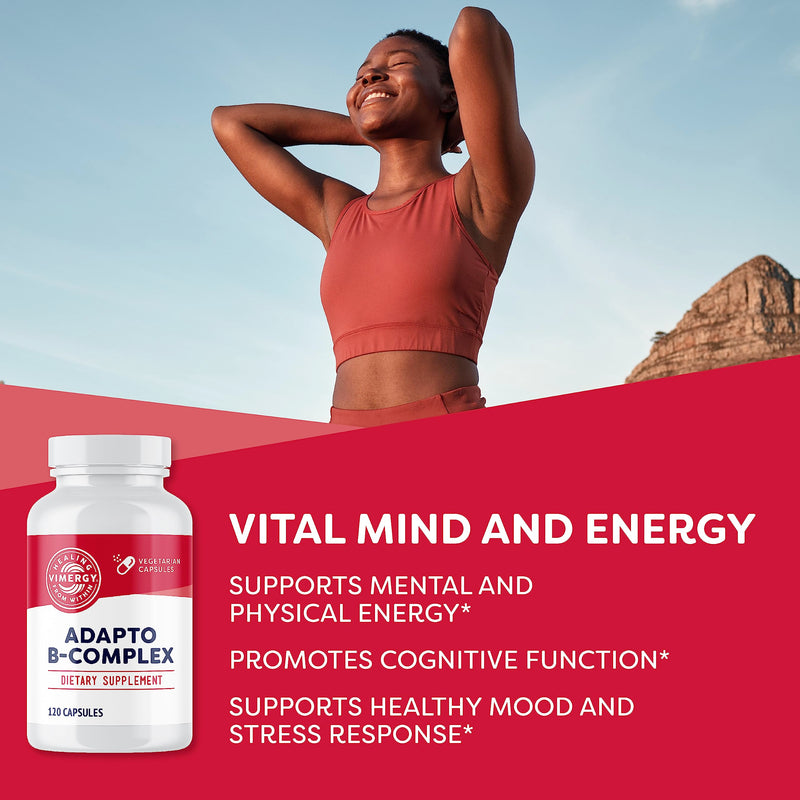 Vimergy Adapto B Complex, 120 Servings – High Potency with 8 B Vitamins, Rhodiola & Hawthorn Berry – Supports Mental Energy, Cognition, Mood - Non-GMO, Kosher, Vegan, No Gluten, No Soy | Supports Mental and Physical Energy*, Brain Body Adaptogen & Noot...