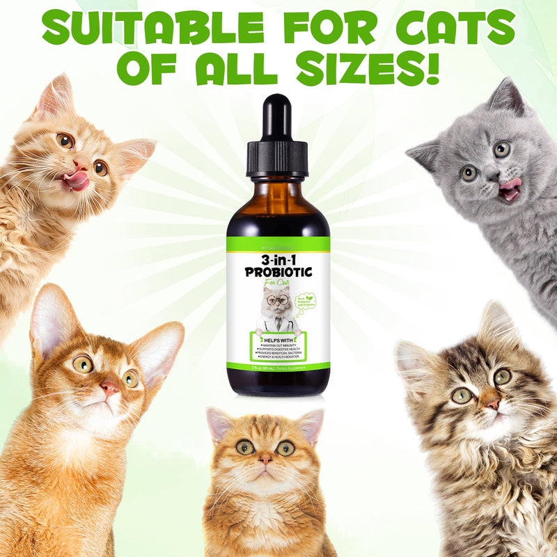 Probiotics for Cats, 3-in-1 Cat Probiotics with Prebiotic and Enzymes, Cat Diarrhea Treatmen Supplement - Support Gut Health, Diarrhea & Constipation Relief for All Breed Size Age, Bacon Flavor, 60ml